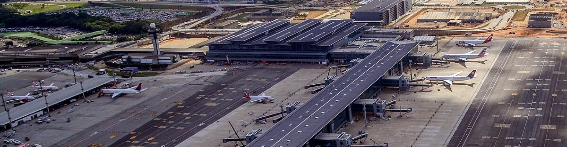 Sunset view of Guarulhos Airport terminal