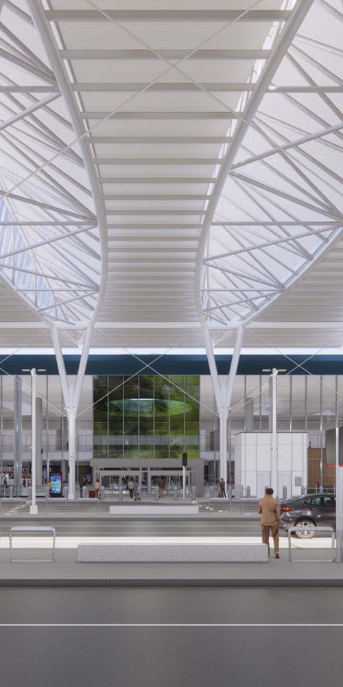 Parent and child comfortably seated in quiet area of George Bush Intercontinental Airport