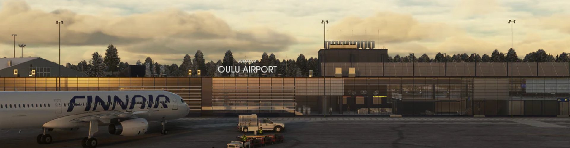 Oulu Airport terminal at sunset